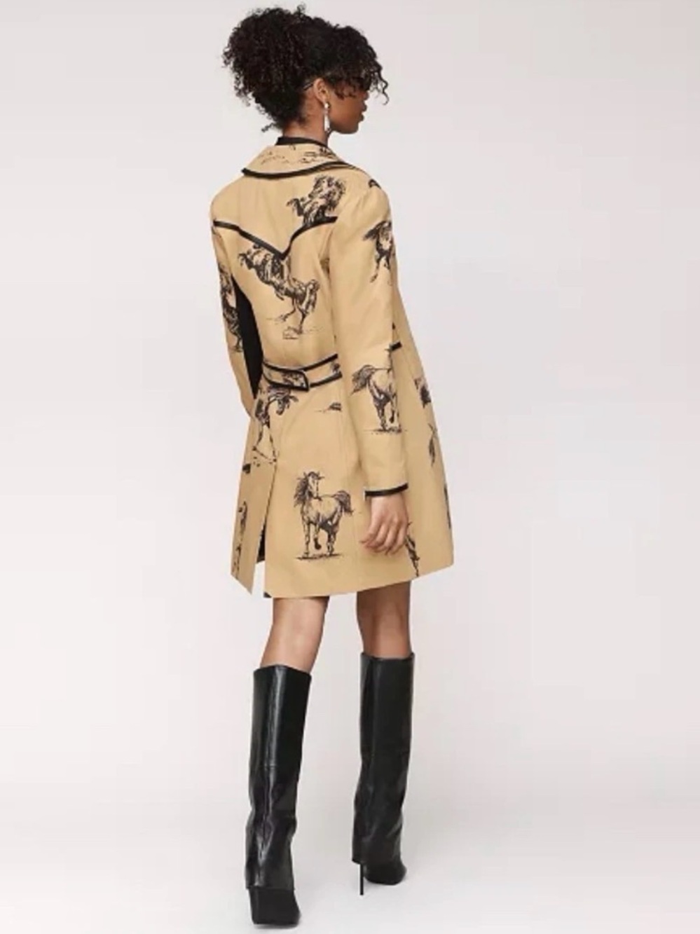 Avec Les Filles Tan Trench Coat with Black Horse Print - Size S - Picture 7 of 8